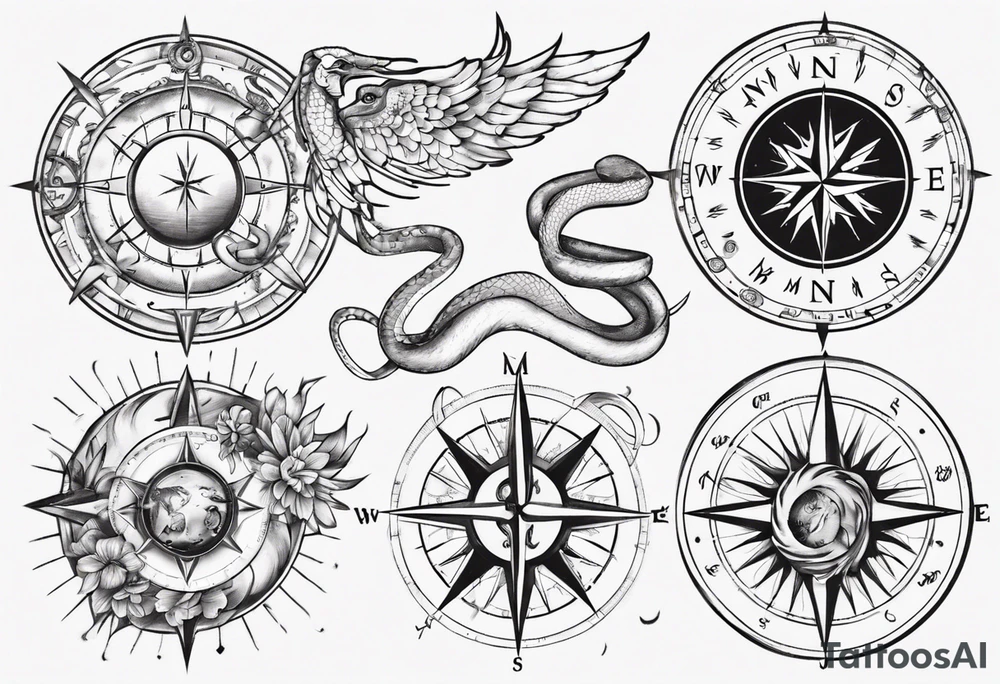 Compass tatoo with sun, Gemini , angels and snake tattoo idea