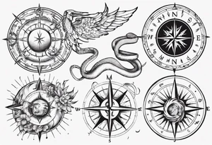 Compass tatoo with sun, Gemini , angels and snake tattoo idea