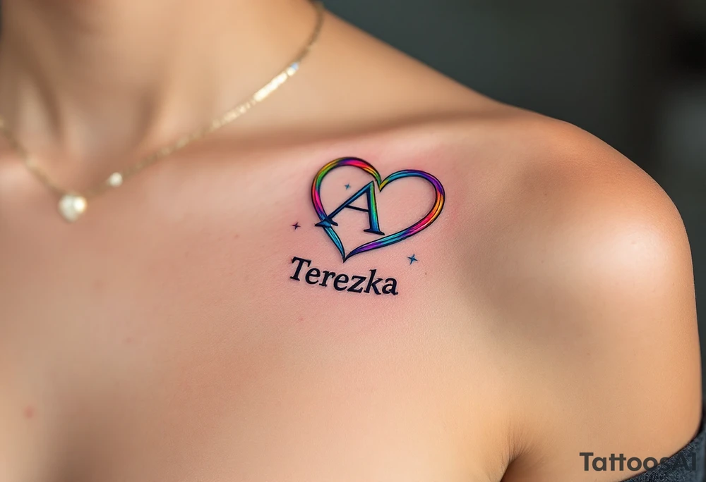 A heart with rainbow shading and Terezka written in playful bubble letters. tattoo idea