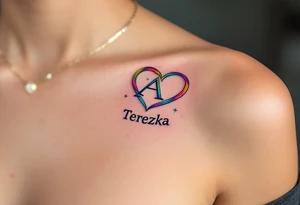 A heart with rainbow shading and Terezka written in playful bubble letters. tattoo idea
