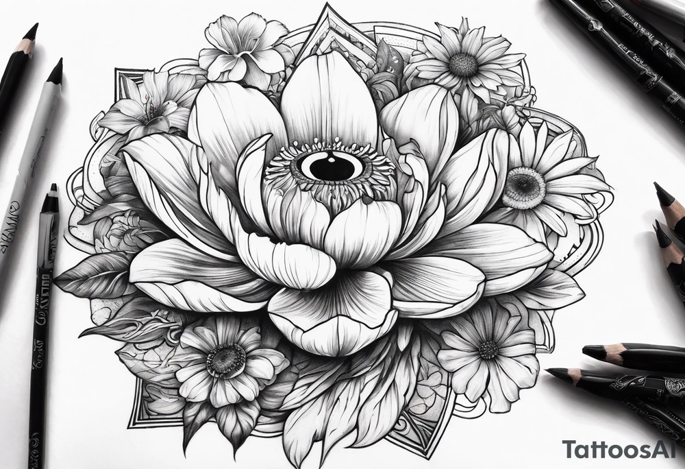 AUM symbol, sparrow, sunrays, staircase, cosmos, iris, daisy tattoo idea