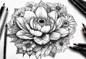 AUM symbol, sparrow, sunrays, staircase, cosmos, iris, daisy tattoo idea