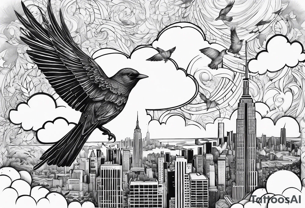 stars, clouds, birds, city tattoo idea