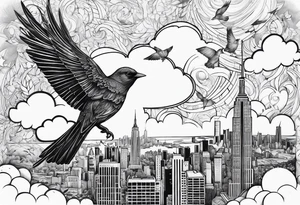 stars, clouds, birds, city tattoo idea