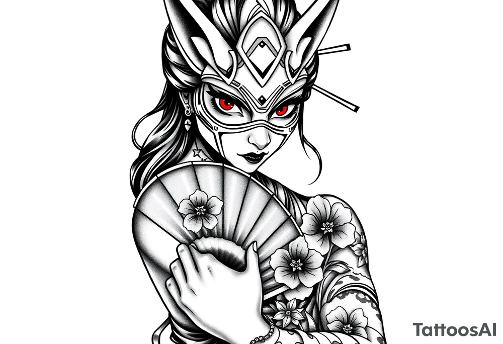 japanese samurai woman with red eyes wearing a kitsune half-mask and holding a fan with irises flowers ornement tattoo idea