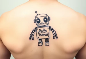 Tattoo of a cute robot with the text 'Hello, World! tattoo idea