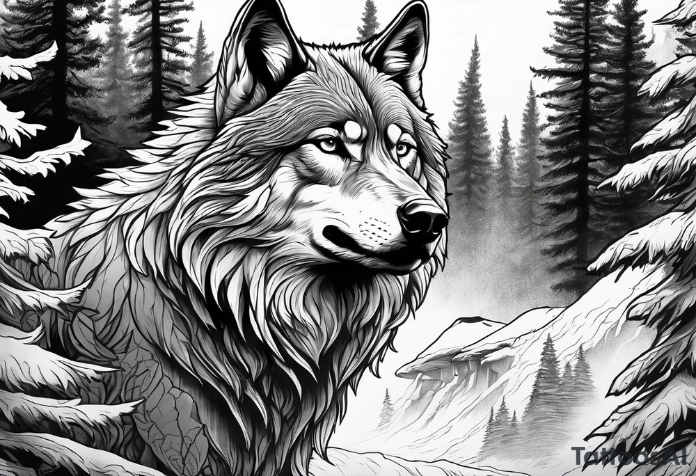 Detailed powerful AlphaWolf in Front of a scary forest tattoo idea