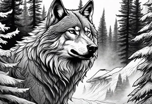 Detailed powerful AlphaWolf in Front of a scary forest tattoo idea