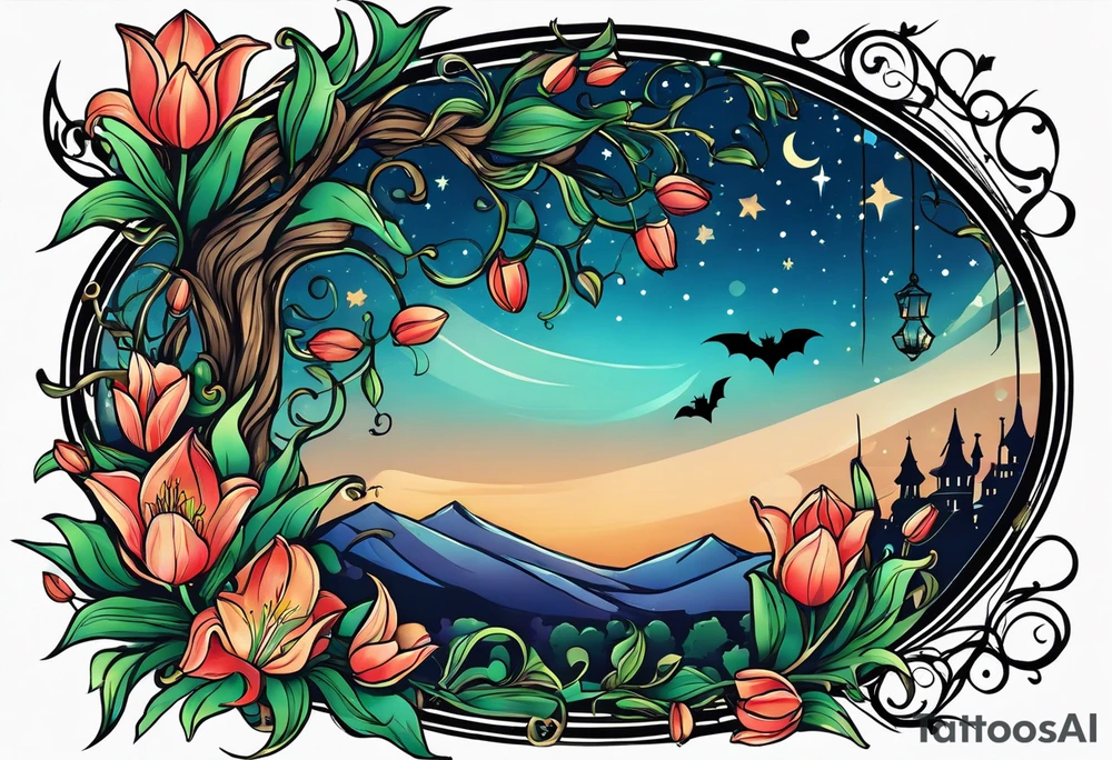 Lillys vines hanging wrapping around with a beautiful night sky I want tulips and vines wrapping around my shoulder with a bat and a night sky stars tattoo idea