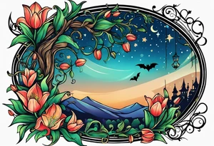 Lillys vines hanging wrapping around with a beautiful night sky I want tulips and vines wrapping around my shoulder with a bat and a night sky stars tattoo idea