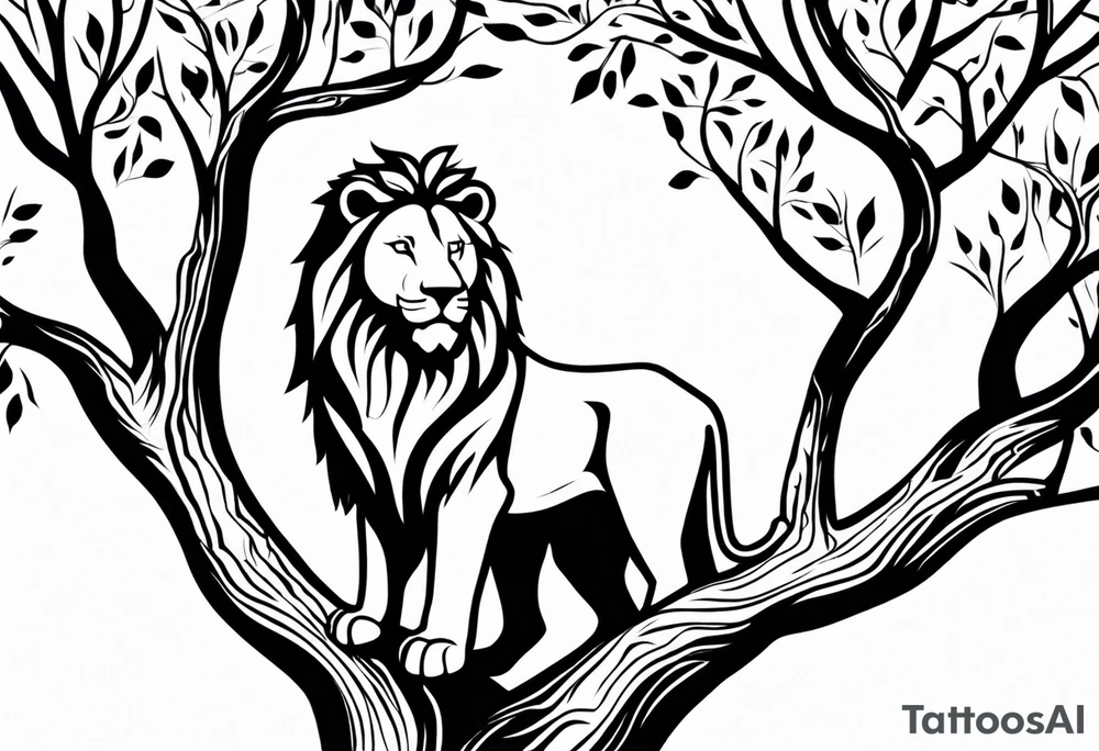 The lion of Judah, which is Jesus Christ, is tied and intertwined within a maple tree. tattoo idea