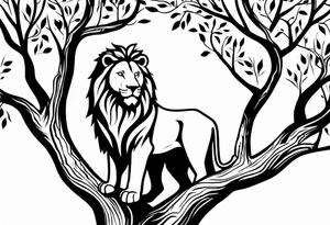 The lion of Judah, which is Jesus Christ, is tied and intertwined within a maple tree. tattoo idea