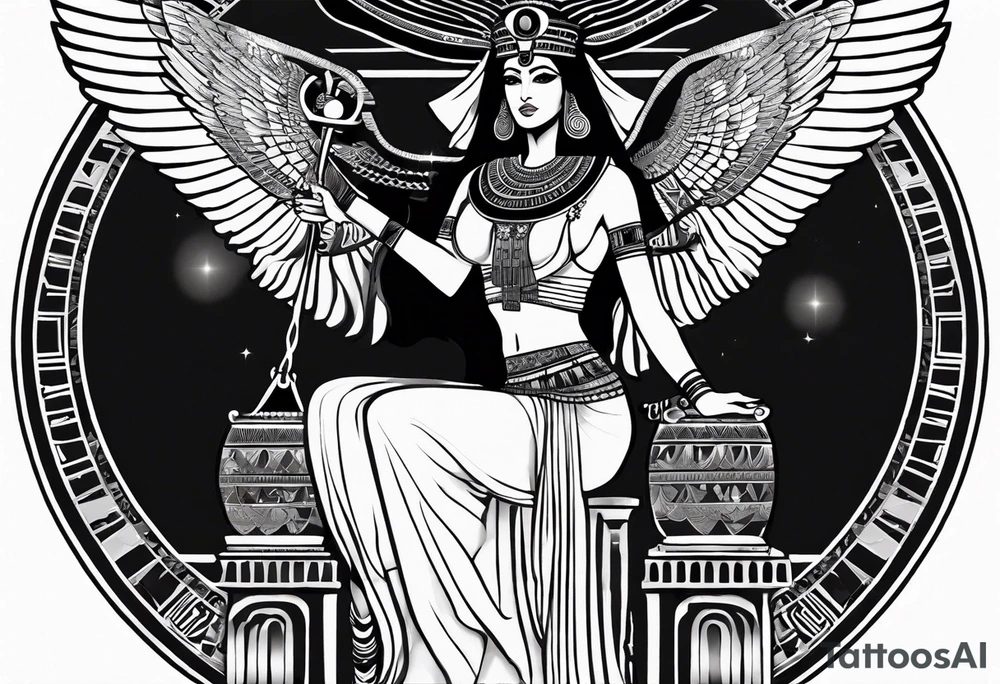 black and white Egyptian goddess Isis, who is often depicted as a woman with outstretched wings, holding an ankh (a symbol of life) in one hand and a lotus flower in the other. Her headdress often includes a throne or a solar disk. The tattoo design can vary in style and size, but it typically aims to capture the essence of this revered Egyptian deity, emphasizing her beauty, power, and maternal qualities. The choice of colors and additional elements can also be customized to create a unique and visually striking representation of the goddess Isis tattoo idea
