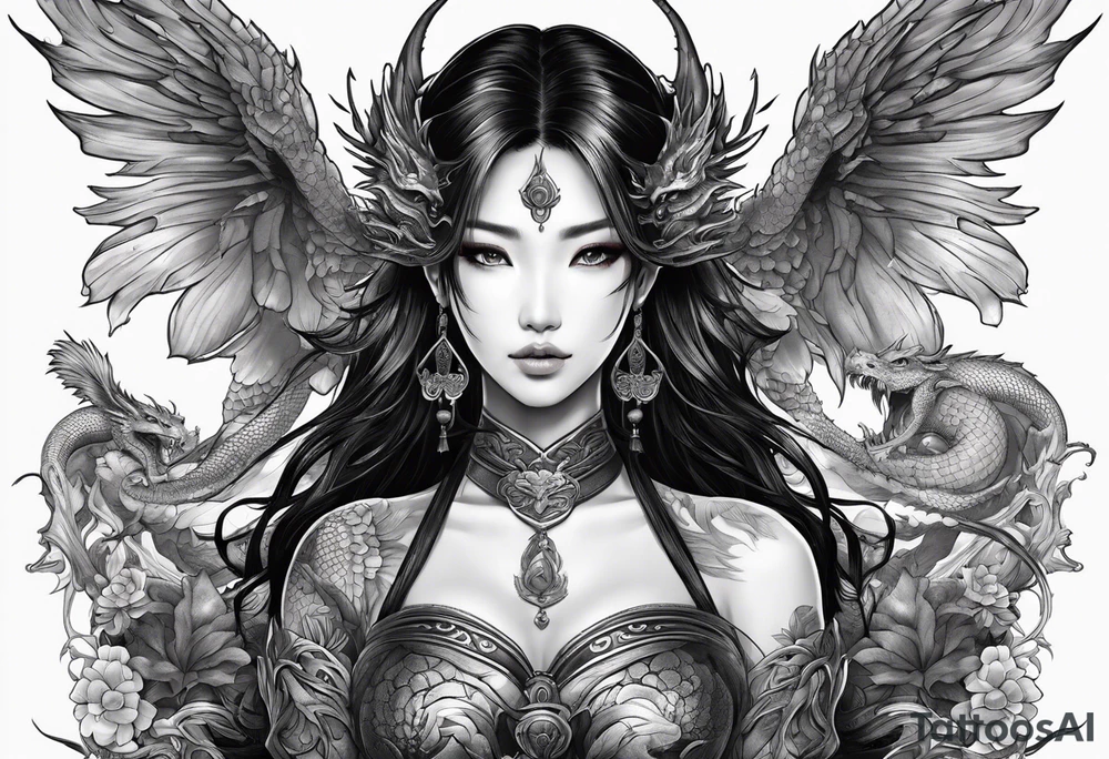 beautiful warrior nymph with dragon wings and dragon friends tattoo idea