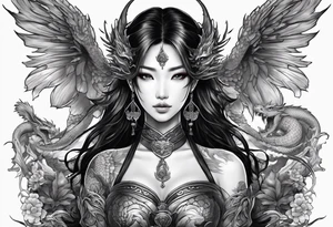 beautiful warrior nymph with dragon wings and dragon friends tattoo idea