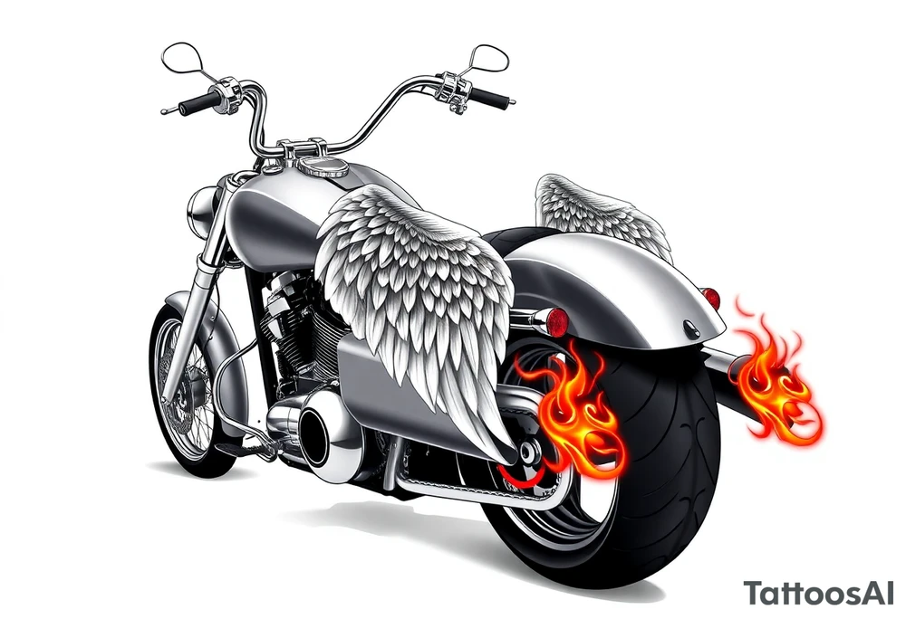 Low rider grey motorcycle, big muffler pipes with flames, angel wings tattoo idea