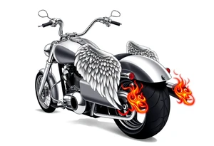 Low rider grey motorcycle, big muffler pipes with flames, angel wings tattoo idea