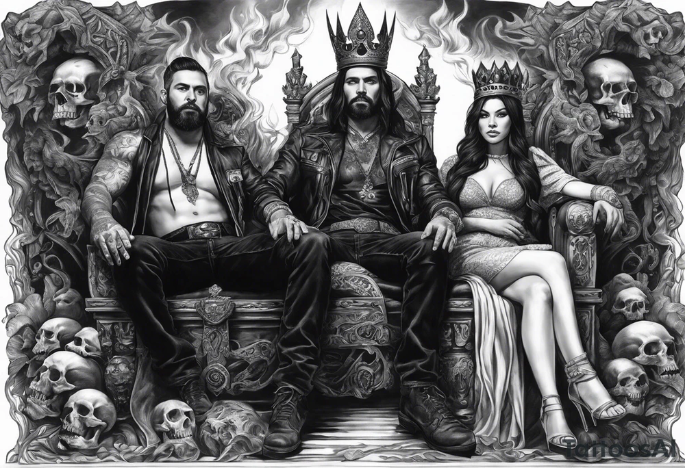 A man wearing a black crown and a women on a throne in Hell sitting on skulls with flame above tattoo idea