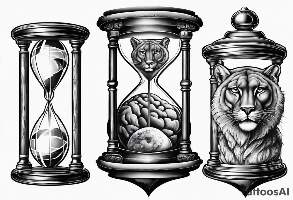 Brain in sagittal and angry cougar inside hourglass tattoo idea
