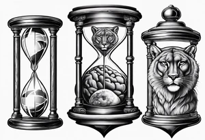 Brain in sagittal and angry cougar inside hourglass tattoo idea