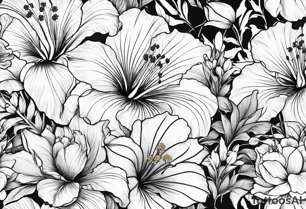 Verticle arm placement of hibiscus, TULIPS, LILLIES, DRAGONflower, with wildflowers, poppy, complimentary flowers, bees, peony, forearm tattoo idea