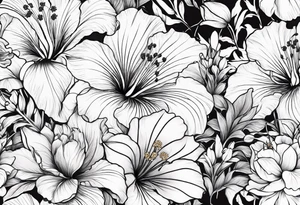 Verticle arm placement of hibiscus, TULIPS, LILLIES, DRAGONflower, with wildflowers, poppy, complimentary flowers, bees, peony, forearm tattoo idea