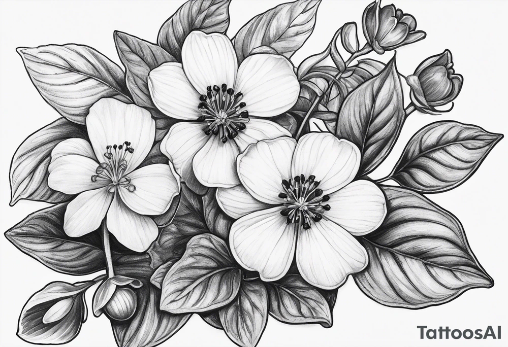 Can you please design a wildflower tattoo with 2 violets as the focal point.  I would like a small blueberry and a small strawberry in the tattoo.  I would like it black and white.  I would like this on my left shoulder cap extending down my upper arm. tattoo idea