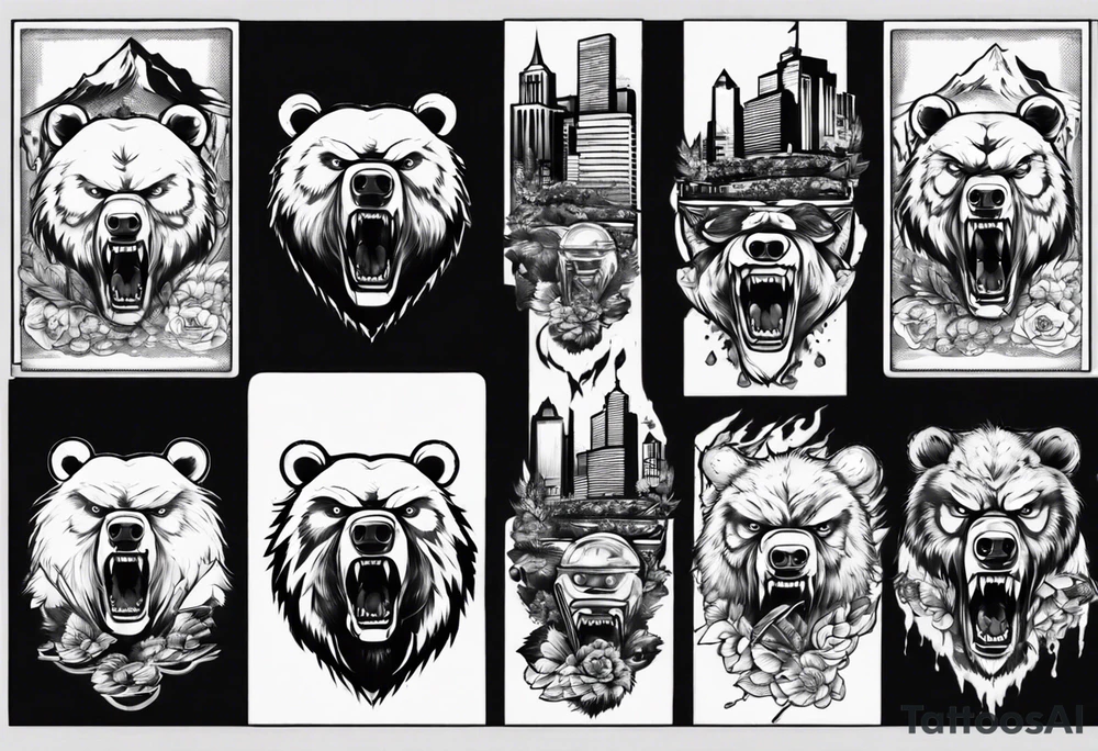 Angry bear coming up behind a city tattoo idea