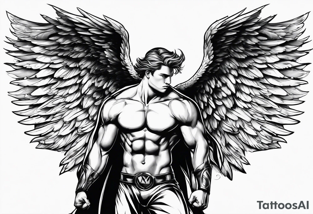 Angel in the pose of a superhero landing tattoo idea
