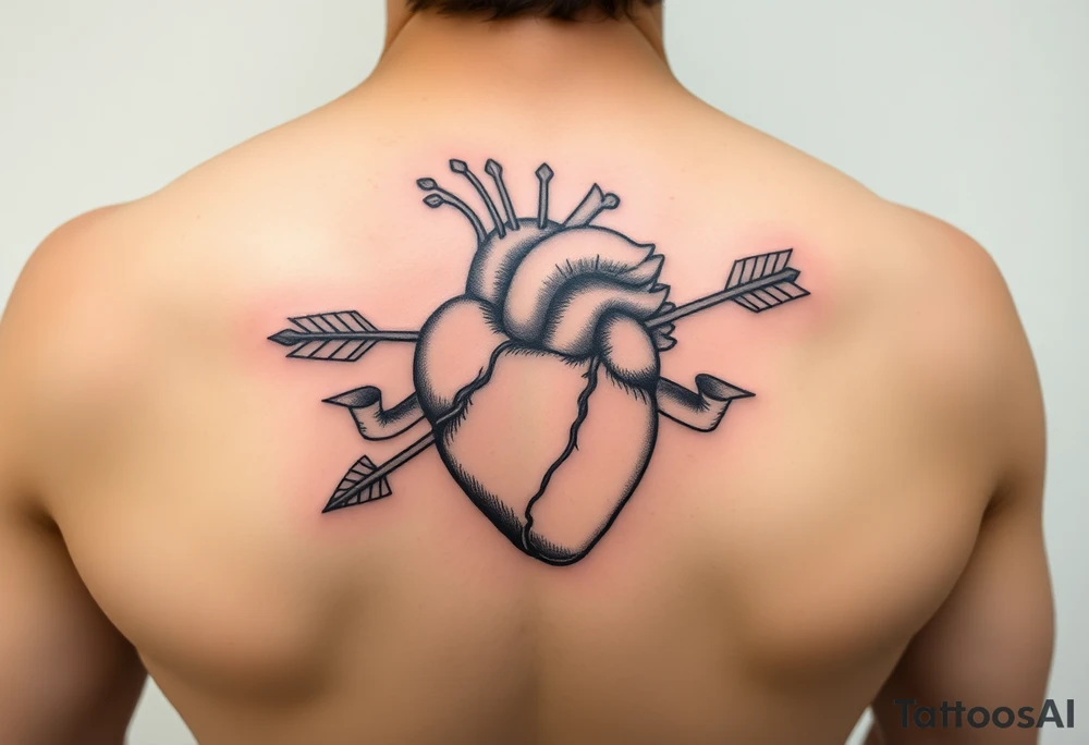 anatomical heart pierced by ornate arrow with flowing ribbons tattoo idea