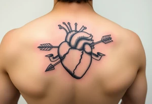 anatomical heart pierced by ornate arrow with flowing ribbons tattoo idea