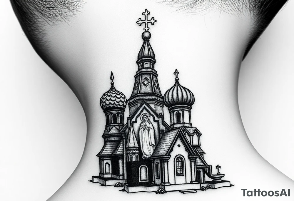 Flowing Scene

A onion domes orthodox church
Virgin Mary in prayer pose wrapping around the lower neck curve
A small double headed russian coat of arms eagle or just the star tucked above the dome near the hairline tattoo idea