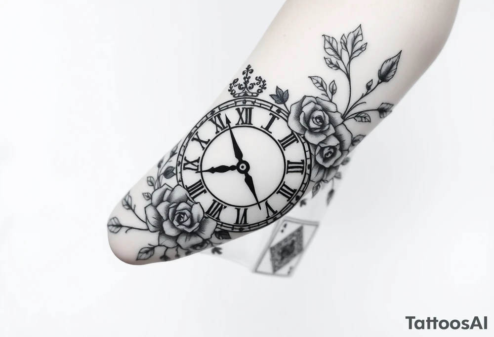 Roman clock with roses and a crown, a quote that says nothings forever. and on the bottom a deck of cards tattoo idea
