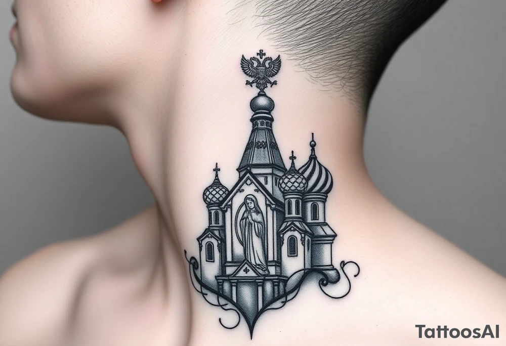 Flowing Scene

A onion domes orthodox church
Virgin Mary in prayer pose wrapping around the lower neck curve
A small double headed russian coat of arms eagle or just the star tucked above the dome near the hairline tattoo idea
