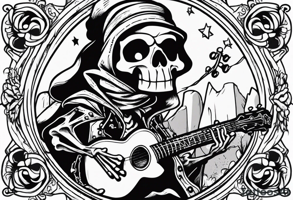 skeleton holding a guitar rock and roll punk rock singer scooby doo tattoo idea