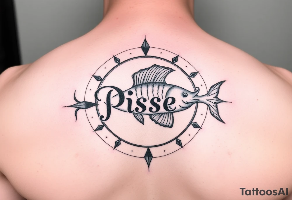 unique zodiac sign around the word “Pisces” tattoo idea