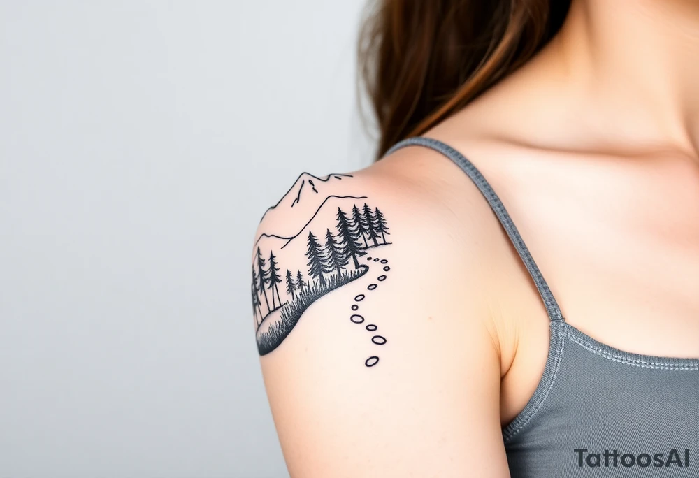 path in the woods with mountains in the background tattoo idea