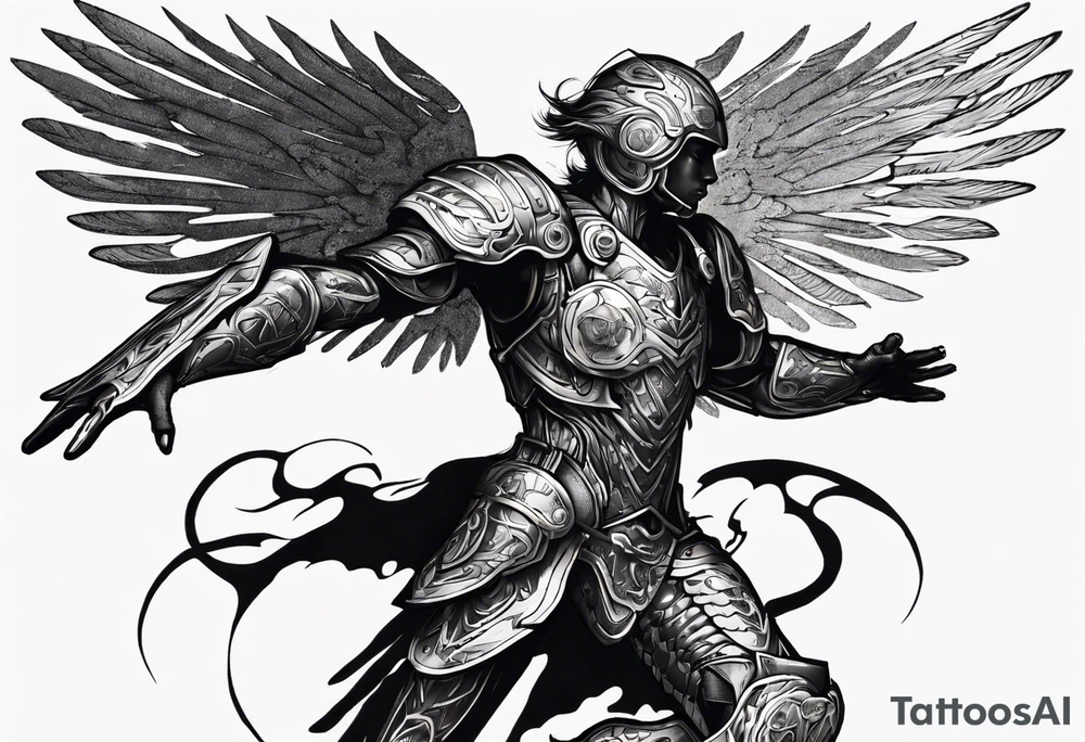 Side view of an black angel wearing inorganic armor that is in mid-air ready to attack tattoo idea