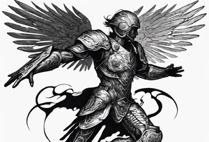 Side view of an black angel wearing inorganic armor that is in mid-air ready to attack tattoo idea