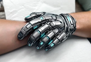 A tattooed mechanical glove with brushed silver plating and soft teal light strips running along the knuckles. tattoo idea