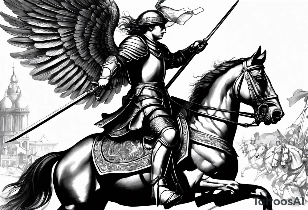 **Main Theme**: A Hussar on horseback in full armor, dynamically portrayed in the middle of a charge. The Hussar's wings are clearly visible, adding dynamics to the composition.
   - Archangel Michael positioned in the background, with a raised sword ready for battle, armed with a shield.
   - The Hussar is holding a banner showcasing the White Eagle.
   - Elements of the Arch tattoo idea