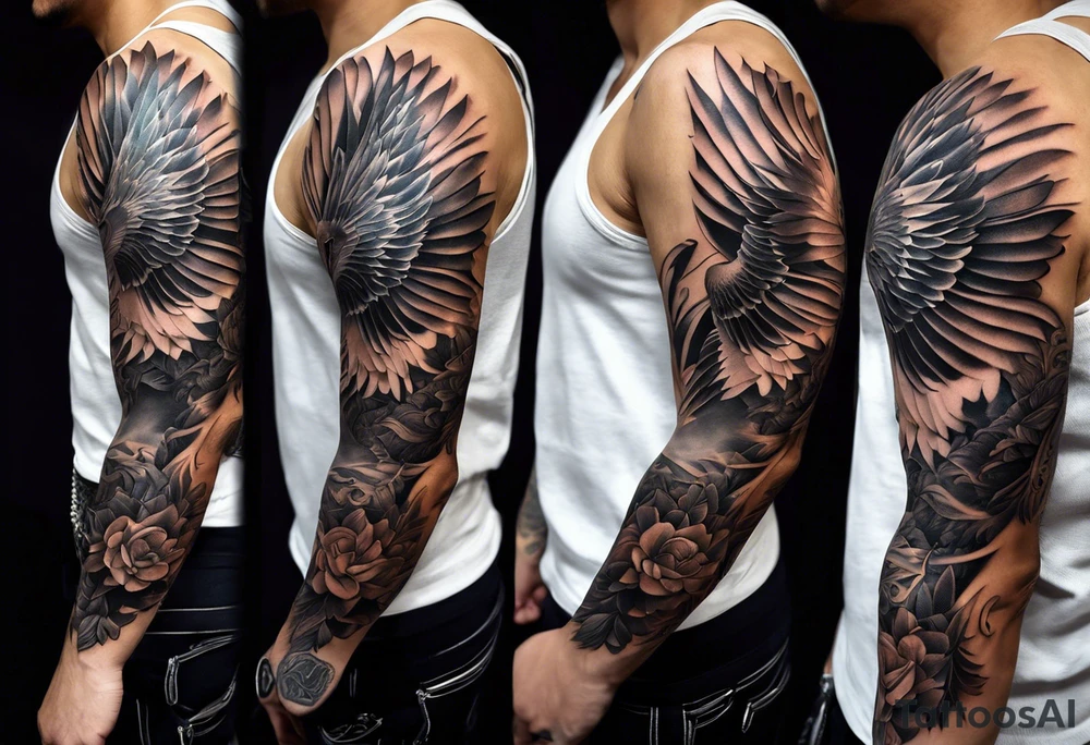 A full tattoo sleeve with a strong, masculine design, featuring a central motif of a majestic dove in flight, symbolizing peace and freedom. The dove is depicted with detailed feathers and dynamic movement, making it the focal point of the sleeve. Positioned subtly yet prominently, an intricately detailed eye within an equilateral triangle is incorporated into the design, representing the all-seeing eye or third eye. This eye is carefully shaded to blend seamlessly with the overall design, providing a symbolic layer without overshadowing the dove. Surrounding these elements, incorporate roses and leaves, rendered with rich, deep shading to create a cohesive and elegant backdrop. The roses, symbolizing beauty and resilience, and the leaves, adding a touch of natural grace, weave around the dove and eye, creating a harmonious and integrated look. The design features bold shading and contrasts, enhancing the details of both the dove and the floral elements, resulting in a powerful and balanced masculine sleeve with a blend of symbolic and artistic depth. tattoo idea