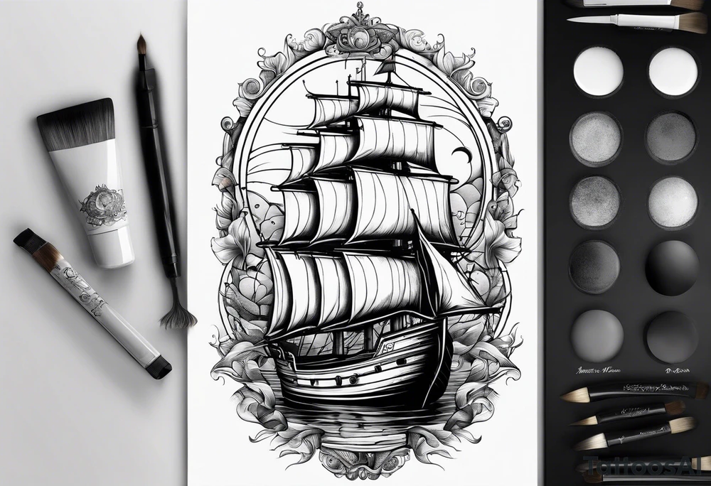 bateau, phare maritime et lune bleu tattoo idea