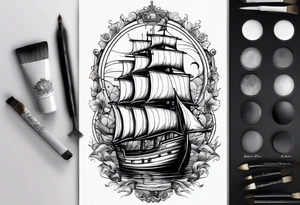 bateau, phare maritime et lune bleu tattoo idea