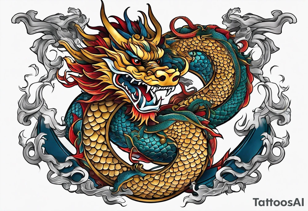 Create a detailed tattoo of Asian dragon wrapping around an anchor centered on taeguk. tattoo idea
