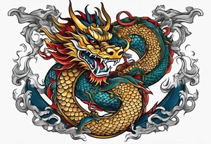 Create a detailed tattoo of Asian dragon wrapping around an anchor centered on taeguk. tattoo idea