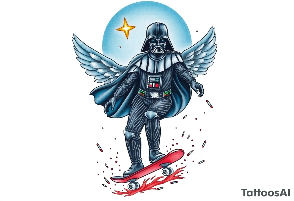 MEMORY TATTOO
Darth Vader skateboarding heaven, outdoors, bullets, star wars>blue and red 
"Darth Carter"
12/29/88-01/06/24 tattoo idea