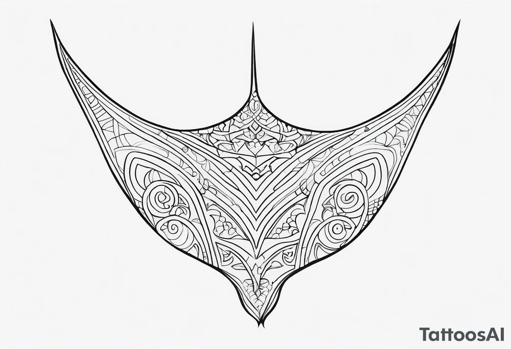 Tattoo sketch of manta ray in outline, without shadows and background, made of sacred ornament, minimalistic Polynesian tattoo design, without thick lines and dark spots, while maintaining the shape of Manta Ray tattoo idea