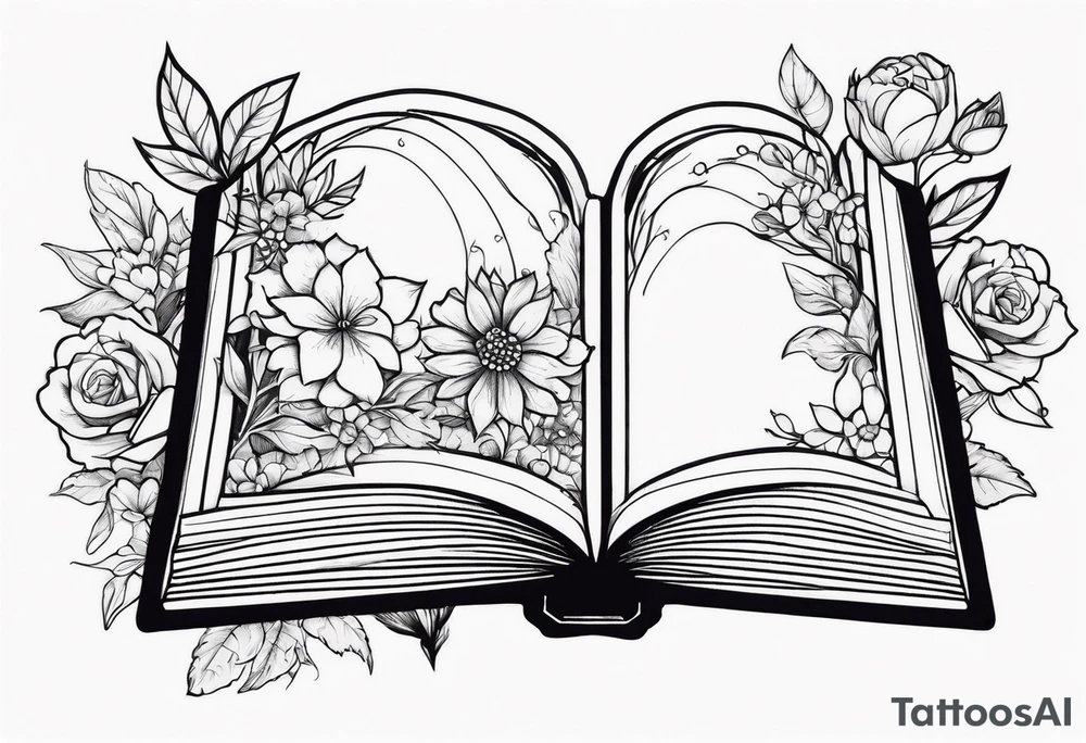 Books and flowers fantasy tattoo idea