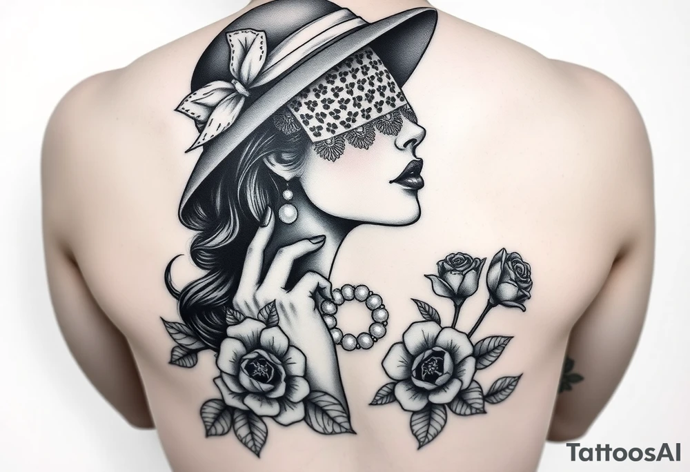 Black and white profile of woman with chin pressed on hand, hat with lace covering her eyes as she looks to the distance
, pearl necklace in her mouth with red lips flowers around her with one red rose standing out thigh tattoo tattoo idea